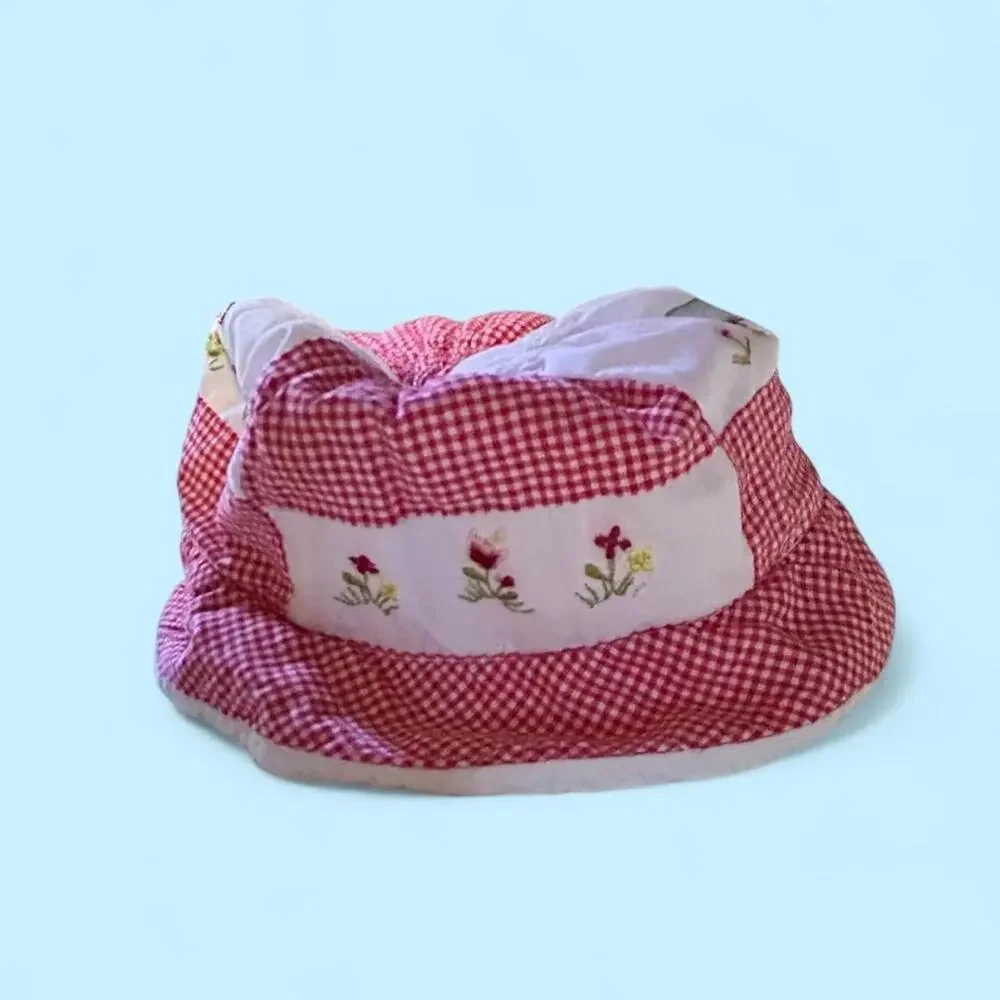 Vintage newborn red gingham w birds & flowers patchwork quilt bucket hat.